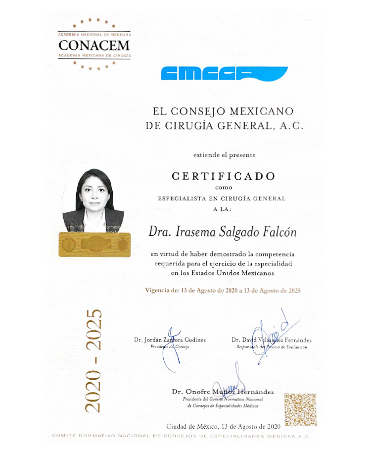 Certificado del Consejo Mexicano de Cirugía General que acredita a la Dra. Irasema Salgado Falcón como especialista en cirugía general