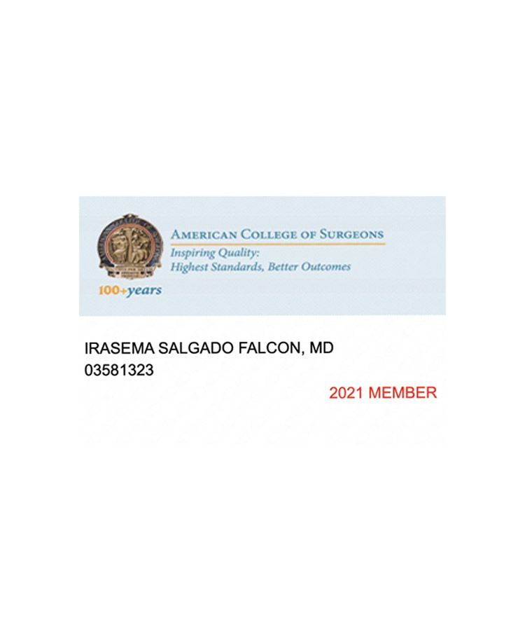 Certificado del American College of Surgeons de la Dra. Irasema Salgado Falcón