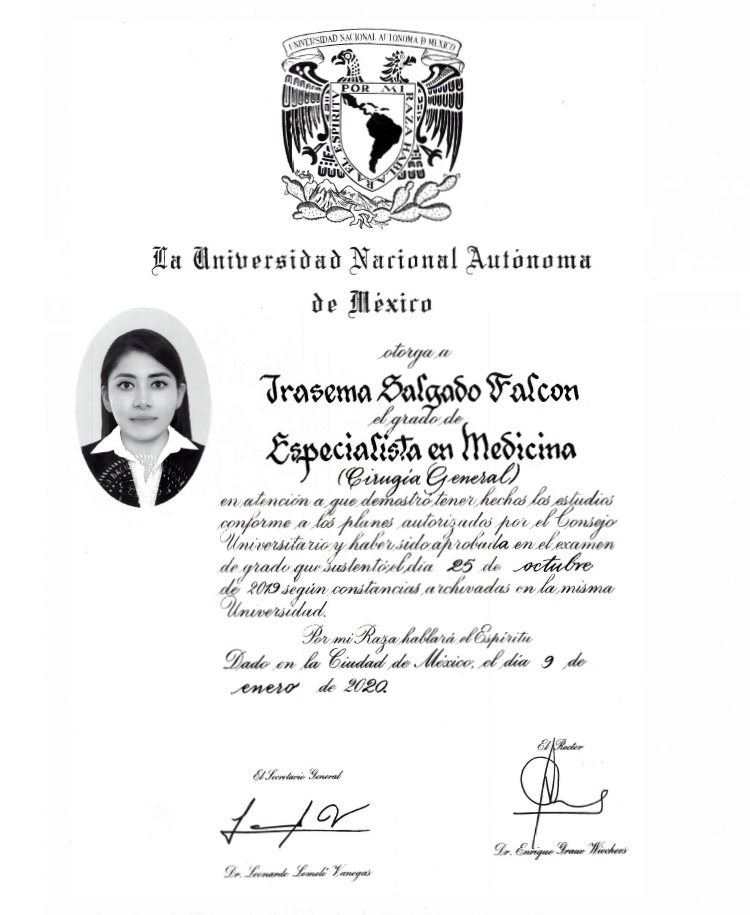 Título de Especialidad de la Universidad Autónoma de México, de la Dra. Irasema Salgado Falcón que la acredita como especialista en medicina y cirugía general